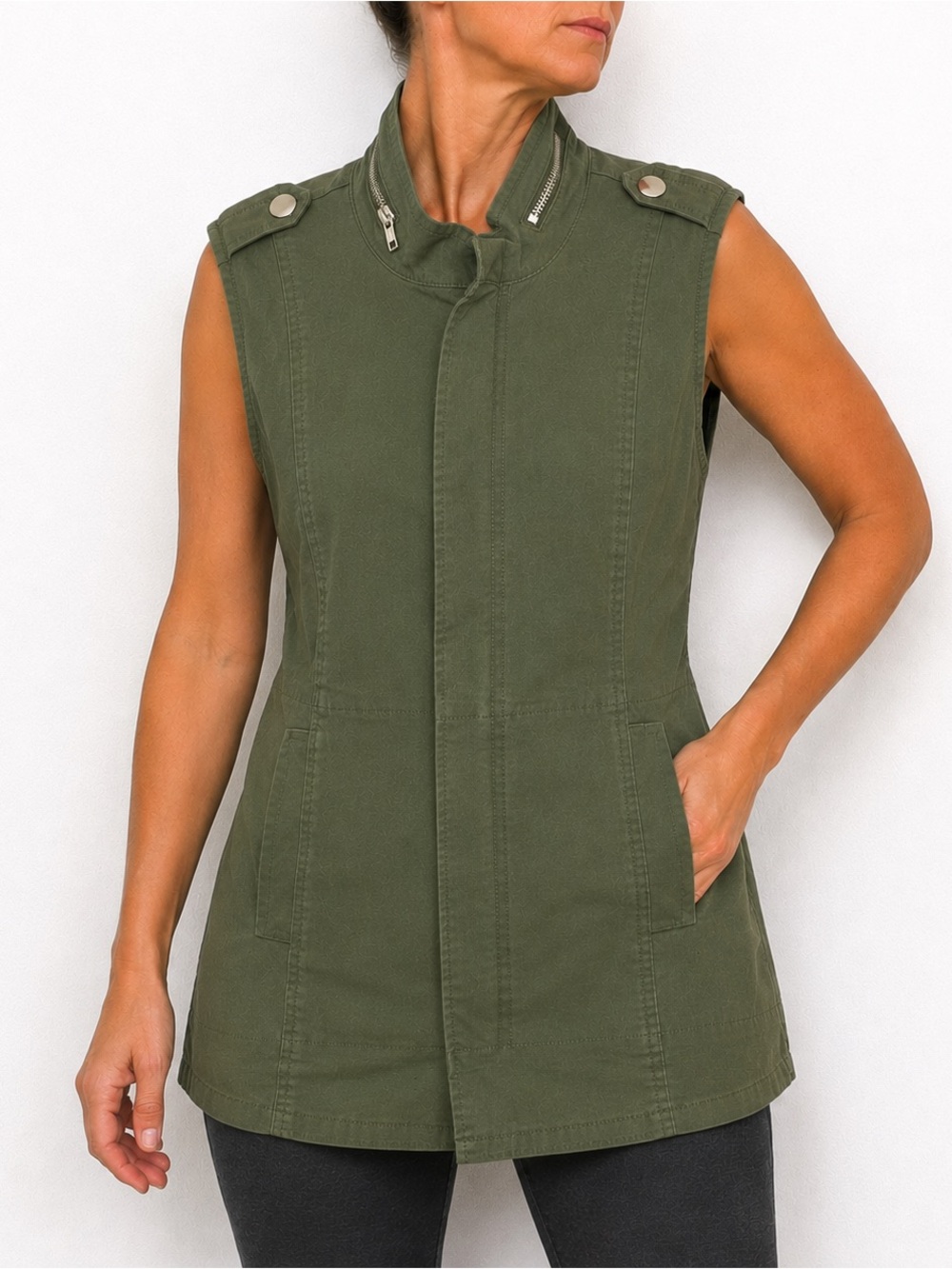 Cabi Womens XS Explorer Vest Olive Green Utility Military Moto Style 5101